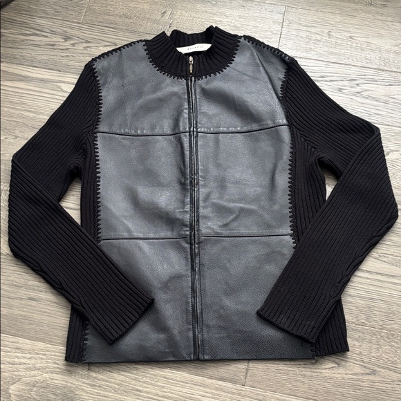 Melrose | Black Genuine Leather Front Zip Knit-Sleeve Jacket Full Moto Medium - Picture 2 of 14